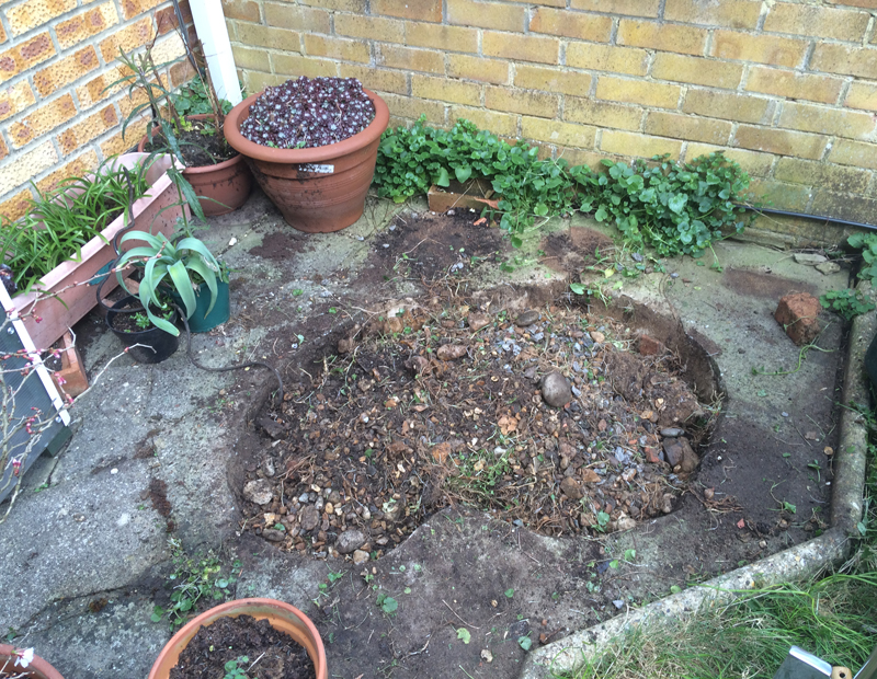 Unusable space - A filled in pond and ugly old pots